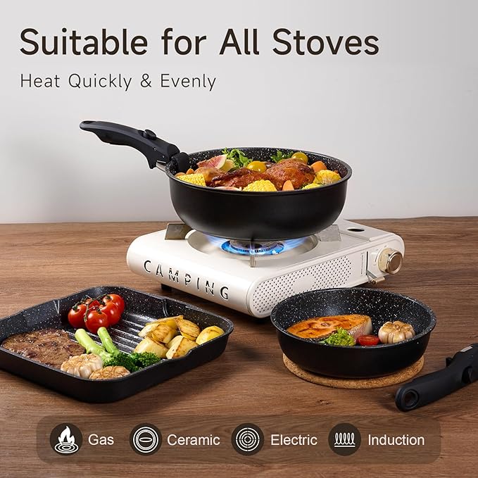 JEETEE Nonstick Pots and Pans Set with Removable/Detackable Handle (Black, 25 Pieces)