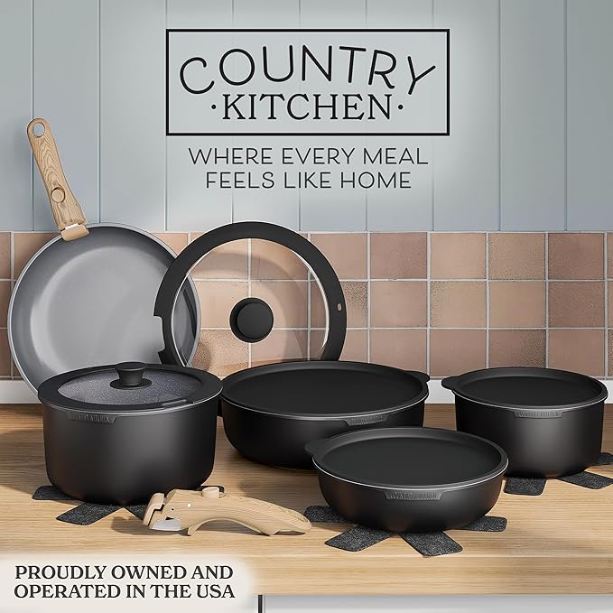 Country Kitchen Cookware Set with Removable Handle, Oven & RV Safe Pots and Pans Set, Black/Grey Wood Handle, Original