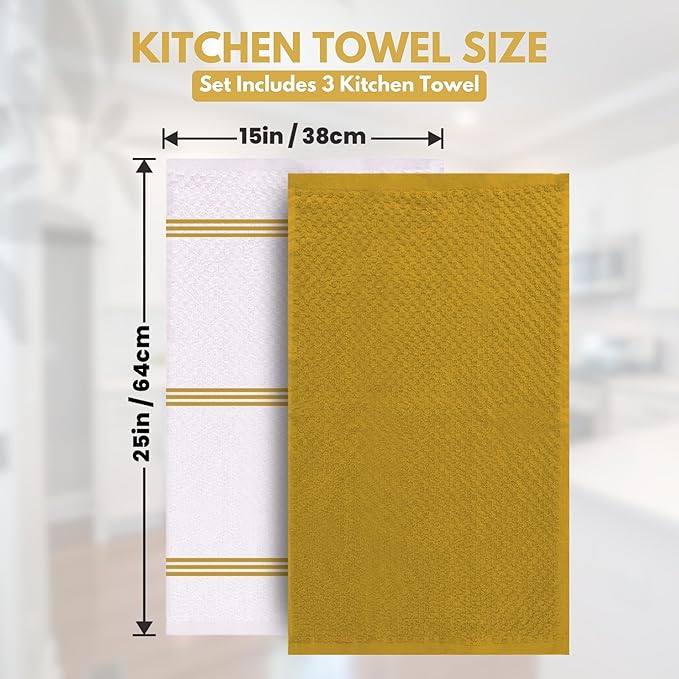 Infinitee Xclusives Premium Kitchen Towels – Pack of 3, 100% Cotton |15 x 25| Inches Absorbent Dish Towels - Terry Kitchen Dishcloth Towels - Yellow Dish Cloth for Household Cleaning