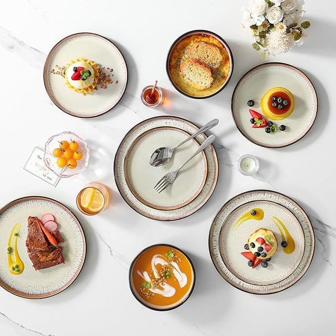 vancasso Plates and Bowls Sets, 18 Pieces Stoneware Dinnerware Sets for 6, Kitchen Dish Set Mircowave and Dishwasher Safe Dinner Set Ceramic Dishware, Light Cream, Series AMBER