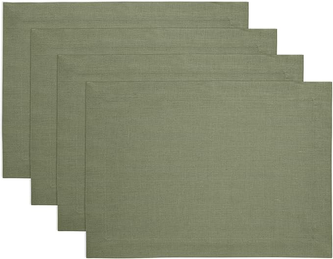 Solino Home Linen Cloth Placemats Set of 4 - 100% Pure Linen Oil Green Placemats 14 x 19 Inch for Fall, Autumn, Thanksgiving, Christmas - Fete