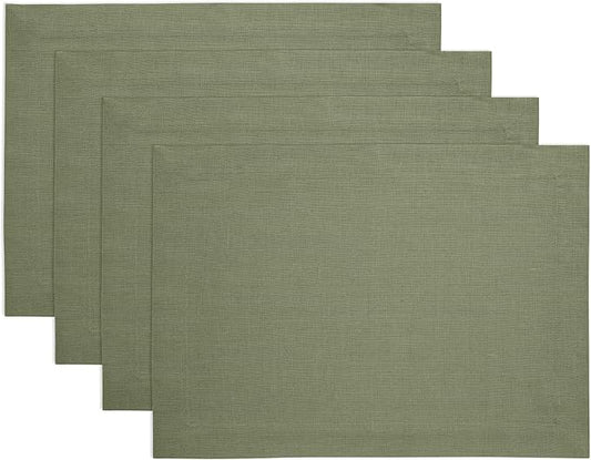 Solino Home Linen Cloth Placemats Set of 4 - 100% Pure Linen Oil Green Placemats 14 x 19 Inch for Fall, Autumn, Thanksgiving, Christmas - Fete