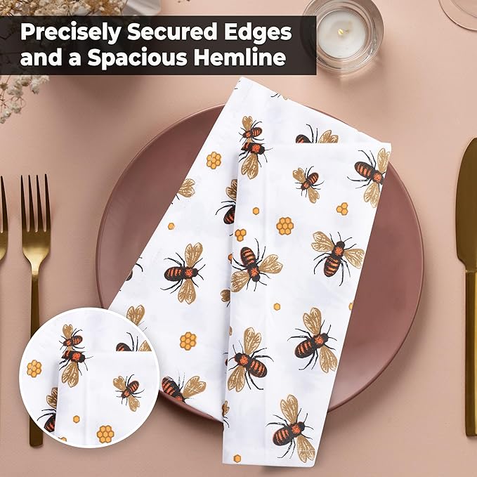 Urban Villa Dinner Napkins Honey Bee Print Cloth Napkins (Set of 12) Oversized 20x20 Inches 100% Cotton Premium Quality Soft Durable with Mitered Corners Reusable Washable Everyday Use Parties Napkins