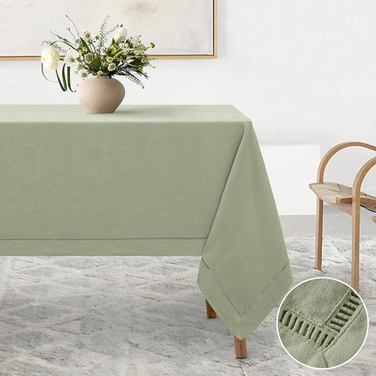 Linen World Hemstitch Linen Tablecloth, French Linen Sage Tablecloth 90" x 60" Inch, Washable Rectangular Table Cloth for Dining, Outdoor, Weddings and Restaurants, Decorative Valentine Easter