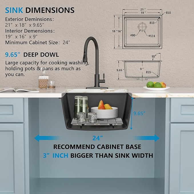 21 Undermount Bar Sink Workstation - Fulorni 21"x18" Undermount Wet Bar Sink Matte Black Granite Composite Quartz Classic Single Bowl Under Counter Small Kitchen Bar Prep RV Sink Basin