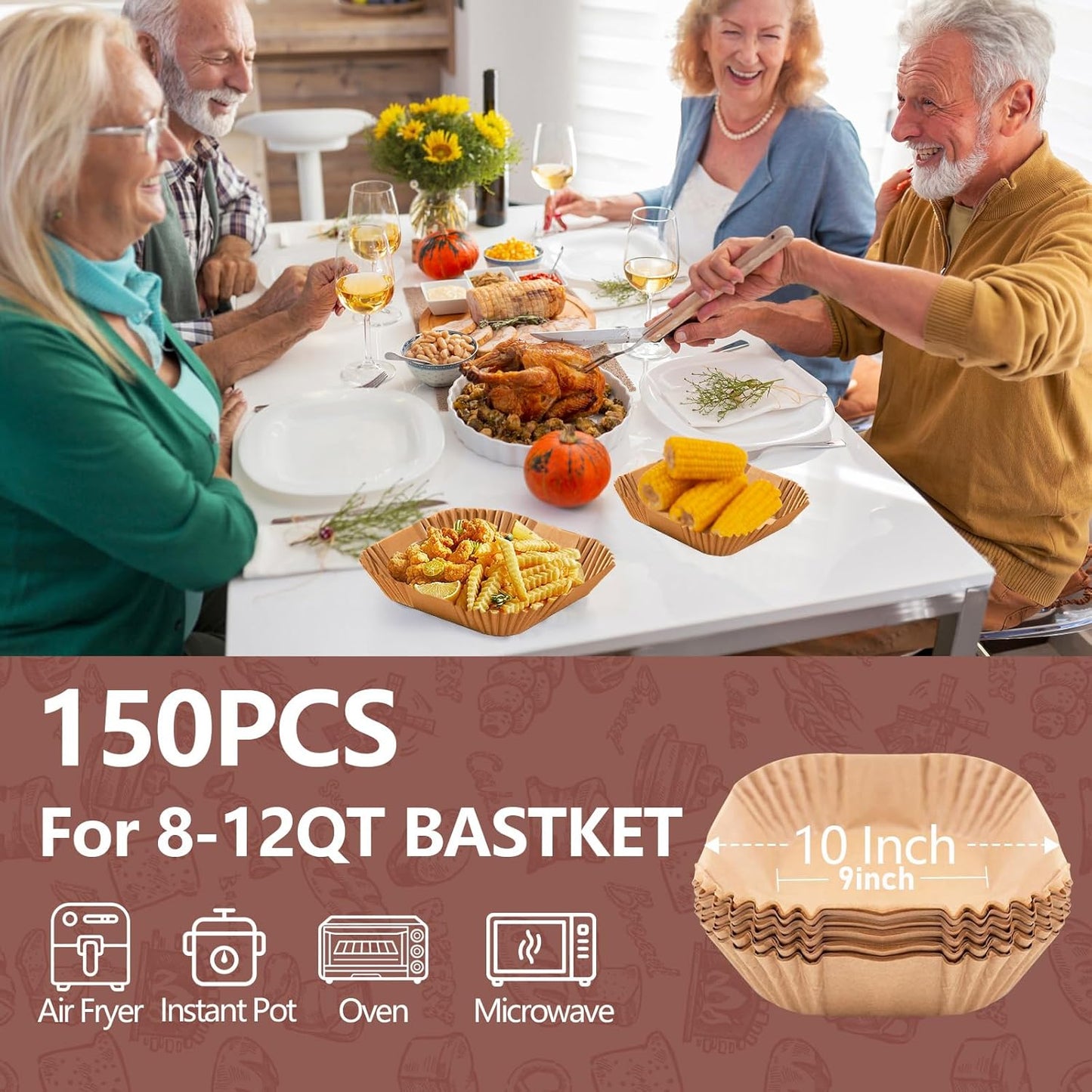 UBeesize 10 Inch Air Fryer Paper Liners,150 PCS Parchment Paper, Air Fryer Disposable Paper Liner for Microwave, Non-Stick Air Fryer Liners Square Free of Bleach （Bottom size 9 Inch）