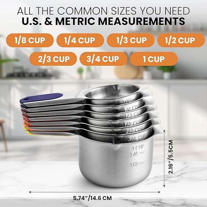 Spring Chef Magnetic Stainless Steel Measuring Cups, Patented, Kitchen Tools with Easy to Read Markings for Measuring Dry or Liquid Ingredients, Set of 7, Mountain Sunrise