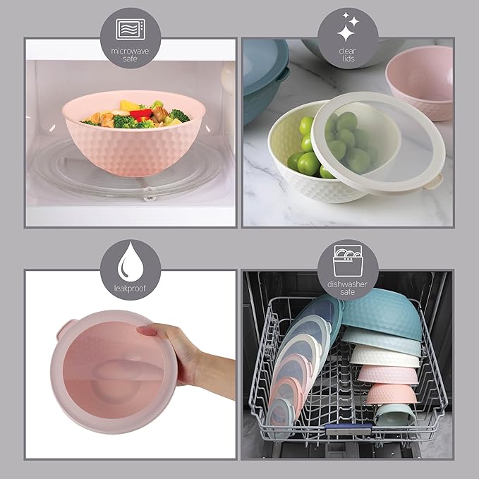 COOK WITH COLOR Mixing Bowls with Lids - 12 Piece Plastic Nesting Bowls Set includes 6 Prep Bowls and 6 Lids, Non Slip Bottom and Embossed Design - Microwave Safe (Teal)