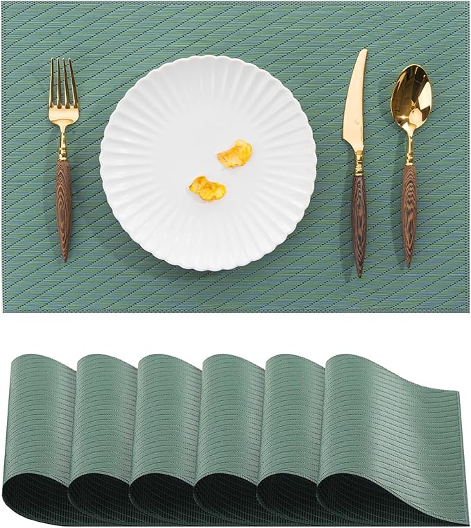 BACKTOEDEN Placemats Set of 6 Heat Resistant Washable Wipeable Placemat Woven Non-Slip Foldable Vinyl/Plastic Place Mats Indoor/Outdoor Mat Kitchen Dining Table Pad, Green Twill