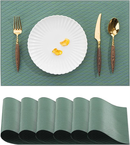 BACKTOEDEN Placemats Set of 6 Heat Resistant Washable Wipeable Placemat Woven Non-Slip Foldable Vinyl/Plastic Place Mats Indoor/Outdoor Mat Kitchen Dining Table Pad, Green Twill