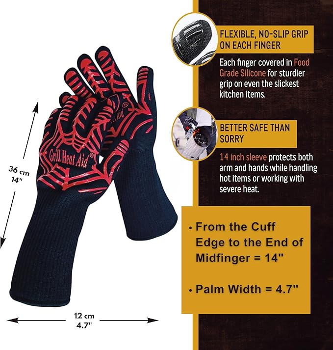 GRILL HEAT AID BBQ Grill Gloves Heat Proof for Grilling – Fireproof 1472°F Heat-Resistant Grill Mitts for Outdoor Barbecue and Smoker, Campfire, Fire Pit, Oven Glove with Fingers for Baking Pizza