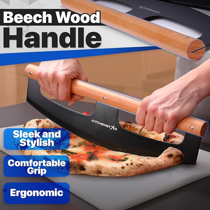 KitchenStar 16-Inch Pizza Cutter Rocker Blade - Razor Sharp Stainless Steel Slicer Knife, Stylish Beech Wood Handle, Protective Cover - Professional Pizza Oven Accessories, Black