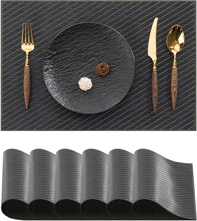 BACKTOEDEN Placemats Set of 6 Heat Resistant Washable Wipeable Placemat Woven Non-Slip Foldable Vinyl/Plastic Place Mats Indoor/Outdoor Mat Kitchen Dining Table Pad, Black Twill