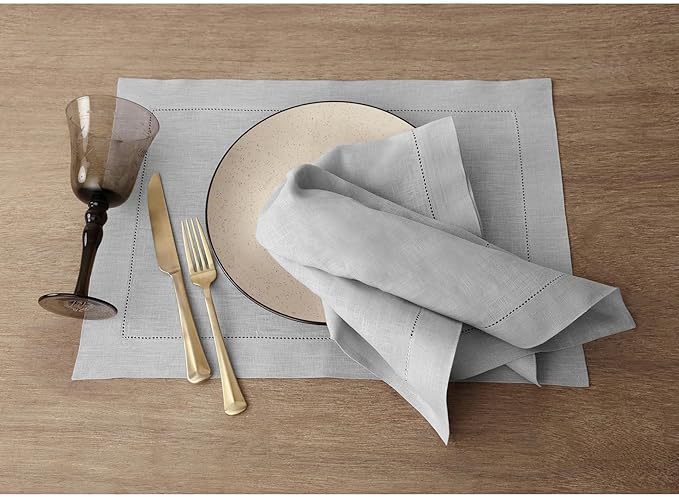 Solino Home Linen Napkins Set of 6 - Classic Hemstitch 100% Pure Linen Soft Grey Dinner Napkins Cloth 20 x 20 Inch for Fall, Autumn, Thanksgiving, Christmas, Winter - Handcrafted and Machine Washable