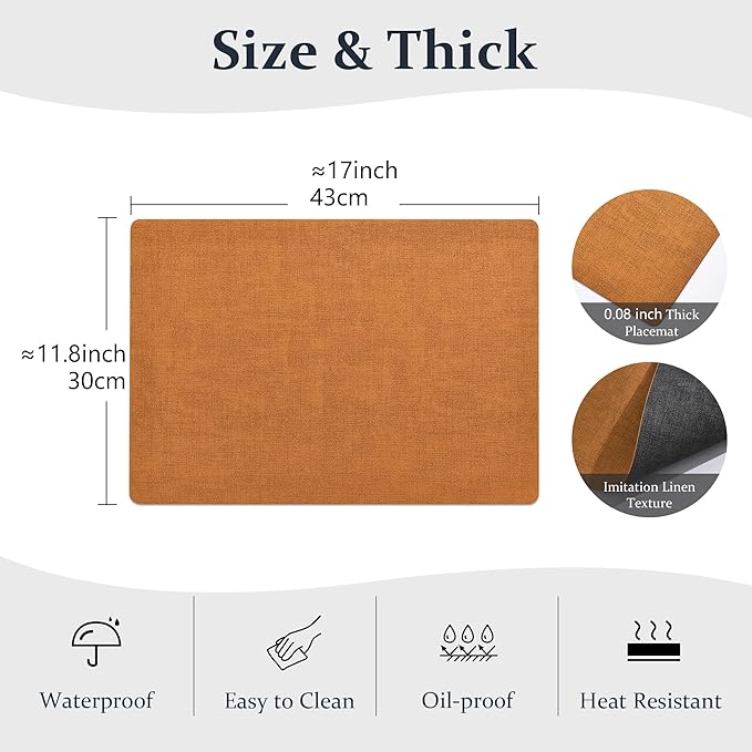 FROMHEART Faux Leather Placemats Set of 12–Waterproof,Heat/Oil Stain-Resistant PU Table Mat–Reversible,Non-Slip,Easy to Clean Place Mats for Kitchen,Dining,Indoor/Outdoor,(Orange-Grey,11.8" x 17")