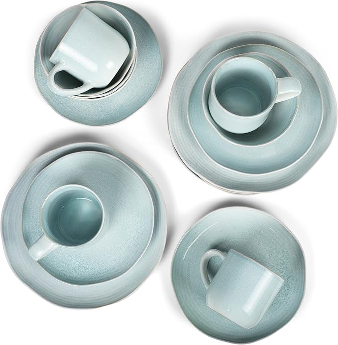 Elanze Designs Reactive Glaze Farmhouse Rustic Boho Ceramic Stoneware Dinnerware 16 Piece Plate Bowl Mug Dish Set - Service for 4, Ice Blue