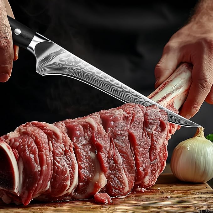 SHAN ZU 7 Inch Fillet Knife, Japanese Steel Damascus Boning Knife, Professional Sharp High Carbon Super Steel Kitchen Utility Knife with Ergonomic G10 Glass Fiber Handle