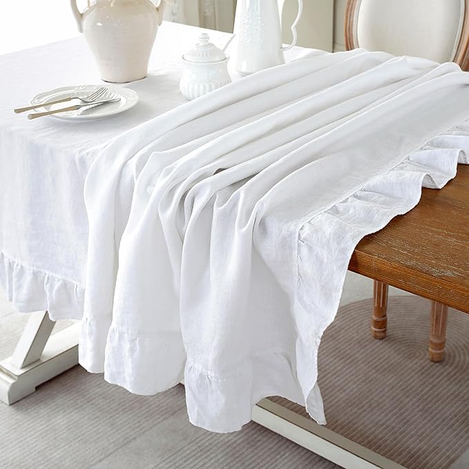 Linen World Ruffle Linen Tablecloth, 100% French Linen White Tablecloth 132" x 90" Inch, Washable Rectangular Tablecloth for Dining, Outdoor, Weddings and Restaurants, Decorative Valentine Easter