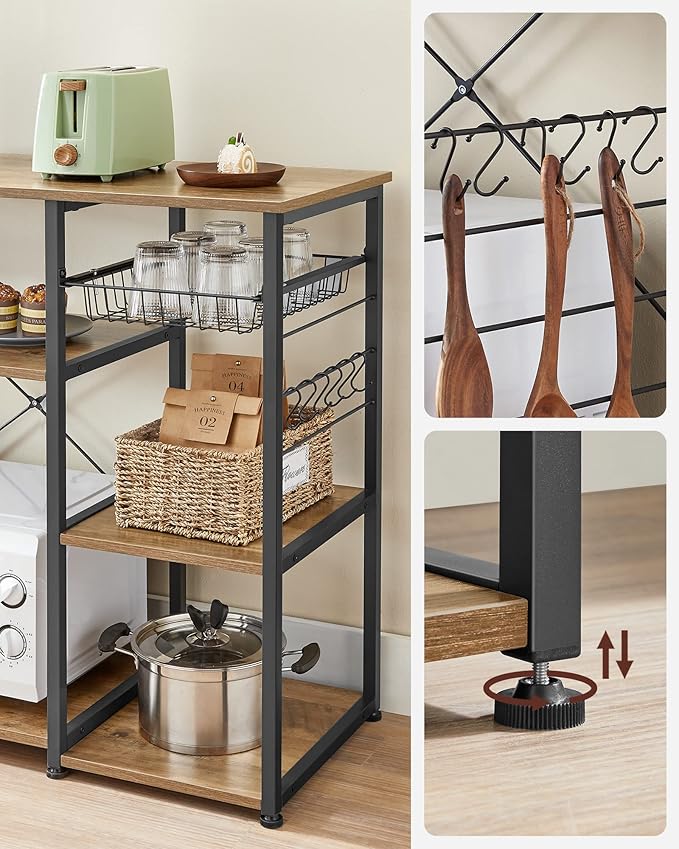 VASAGLE ALINRU Kitchen Baker’s Rack, Coffee Bar, Microwave Oven Stand, with Steel Frame, Wire Basket, 6 Hooks, for Mini Oven, Spices Utensils, Industrial, Rustic Walnut and Black UKKS090B41
