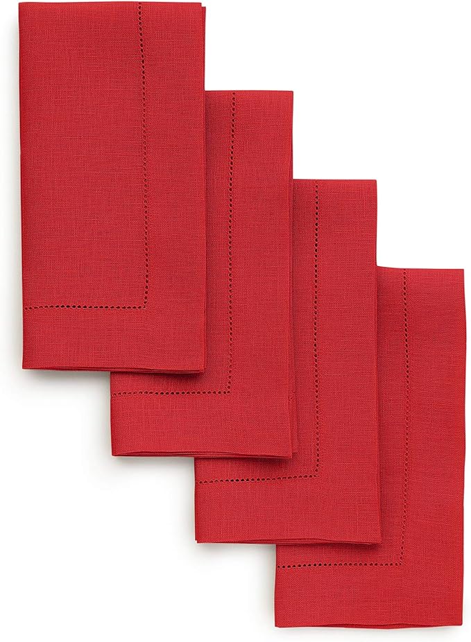 Solino Home Red Linen Napkins Set of 4-100% Pure Linen Hemstitch Dinner Napkins 20 x 20 Inch for Christmas, Holiday, Winter - Classic Hemstitch