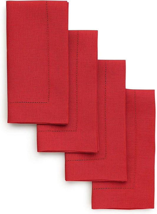 Solino Home Red Linen Napkins Set of 4-100% Pure Linen Hemstitch Dinner Napkins 20 x 20 Inch for Christmas, Holiday, Winter - Classic Hemstitch