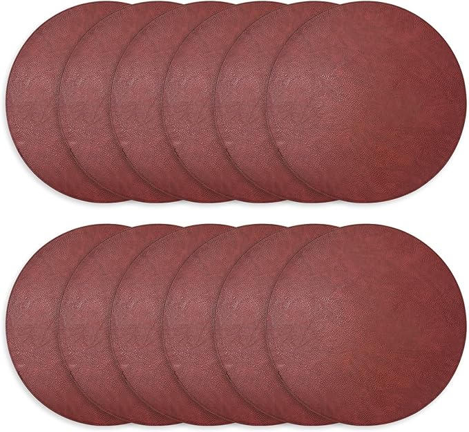 Morgan Faux Leather Set of 12 Placemats, 15" Round, Burgundy, Heat Resistant, Stain Resistant, Non-Slip, Reversible, Durable Table Mats for Kitchen, Dining Table, Indoor Washable Use
