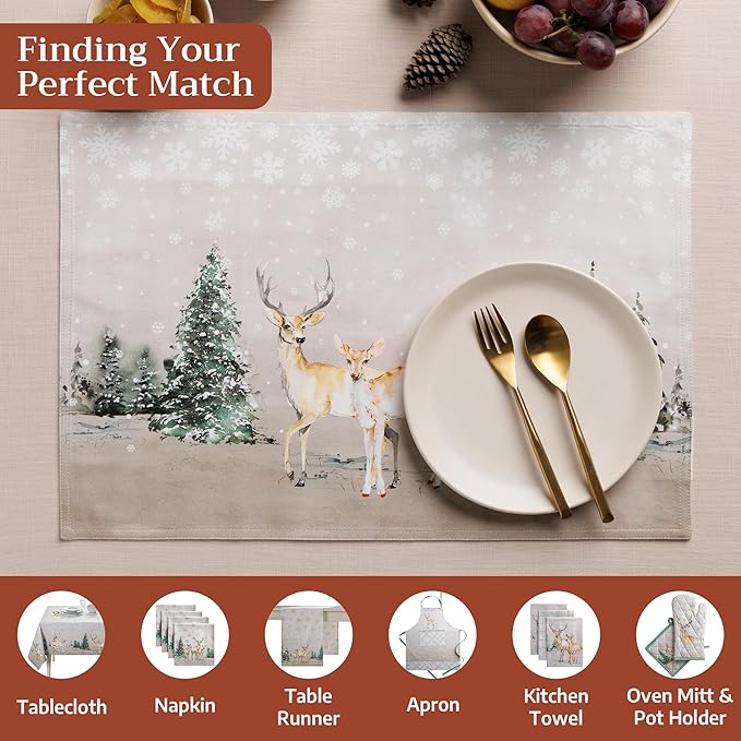 Maison d' Hermine Placemats Set of 4 100% Cotton Washable Cloth Place Mats, Reusable Table Mats for Thanksgiving Christmas Decorations Kitchen Dining Party Wedding (Deer in The Woods, 13" x 19")