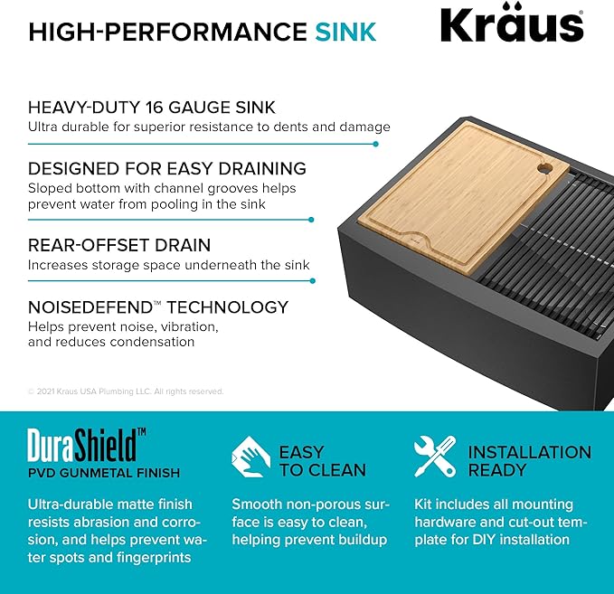 KRAUS Kore Workstation 27-inch Farmhouse Apron Front 16 Gauge Black Stainless Steel Single Bowl Kitchen Sink in PVD Gunmetal Finish with Accessories, KWF210-27-PGM