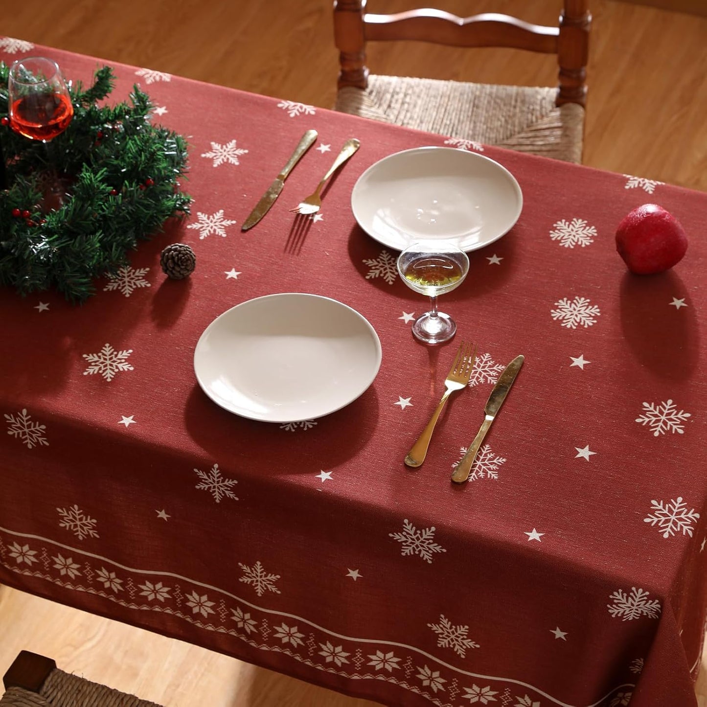 Christmas Tablecloth for Rectangular Tables,Linen Table Cloth with Red Background and White Snowflakes Pattern,Heavy Durable Table Cover for Dining Kitchen Party Christmas,63"*102"