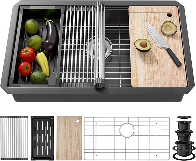 33 Inch Undermount Kitchen Sink Stainless Steel, 33x19 Undermount Workstation Sink Single Bowl Commercial 16 Gauge Stainless Steel Kitchen Black