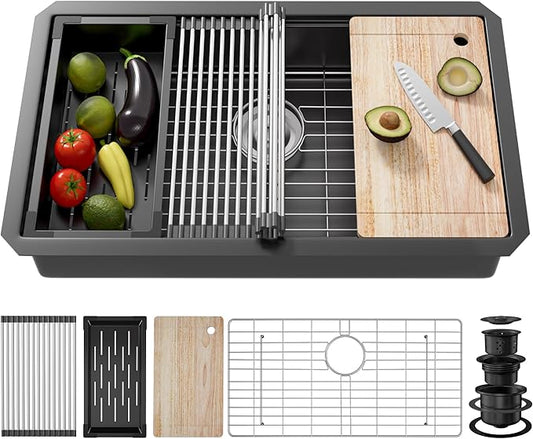 33 Inch Undermount Kitchen Sink Stainless Steel, 33x19 Undermount Workstation Sink Single Bowl Commercial 16 Gauge Stainless Steel Kitchen Black