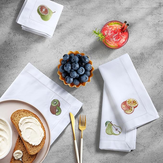 Bedding Craft Cotton Cloth Dinner Napkins Set of 12 – 18x18 Embroidered Motif with Hemstitched Design – Machine Washable Fabric Napkins for Weddings, Baby Showers, Christmas & Everyday Dining