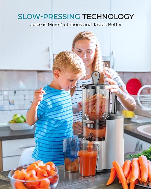 Cold Press Juicer, EUHOMY 5.5" Extra Large Feed Chute Slow Masticating Juicer, 250W Juicer Machines, 99.6% High Juice Yield, Easy to clean, Reverse Function, for Whole Vegetables & Fruits. Sliver