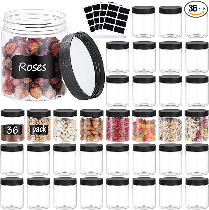36PCS 8OZ Plastic Jars with Screw On Lids,Labels Refillable Empty Round Slime Containers for Storing Dry Food, Honey Jam, Cream, Butter, Lotion (Black)