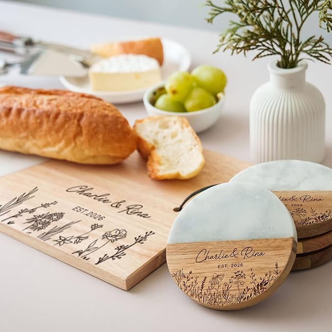 Custom Engraved Wood Marble Cutting Board Set, Personalized Cheese Board & Charcuterie Tray with Coasters, Ideal Housewarming or Wedding Gift