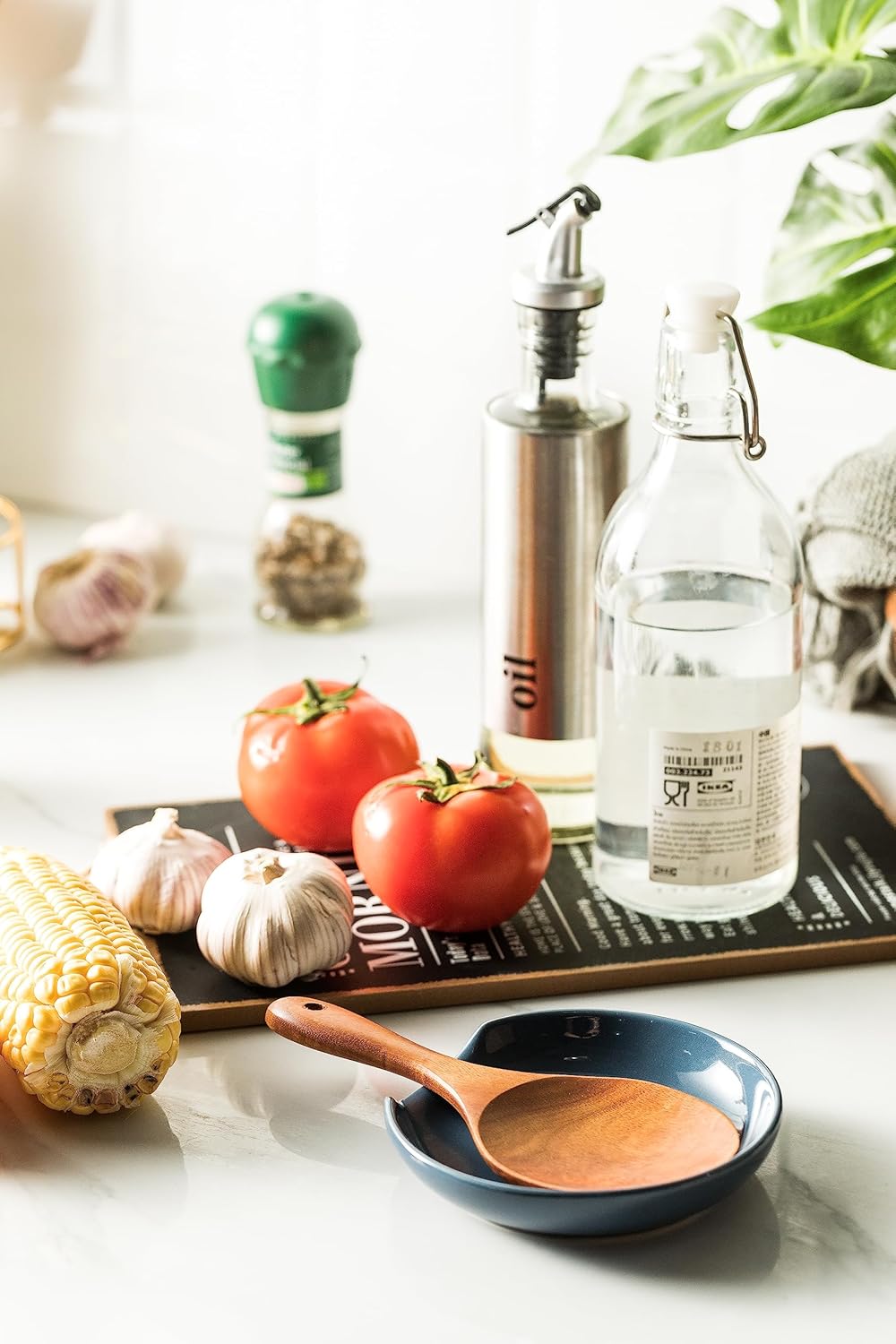 Ceramic Spoon Rest for Stove Top, 5" Stove Spoon Holder for Kitchen Counter, Farmhouse Utensil Rest Tray for Spatula, Ladles Tongs, Vintage Blue