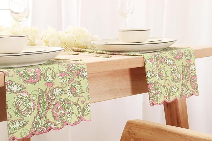 PurpleEssences Scalloped Embroidery Kalamkari Cloth Napkins Christmas Holiday Winter Table Decor 100% Cotton Set of 4-18 x 18 inch - Sage Green Edges - Blush Pink