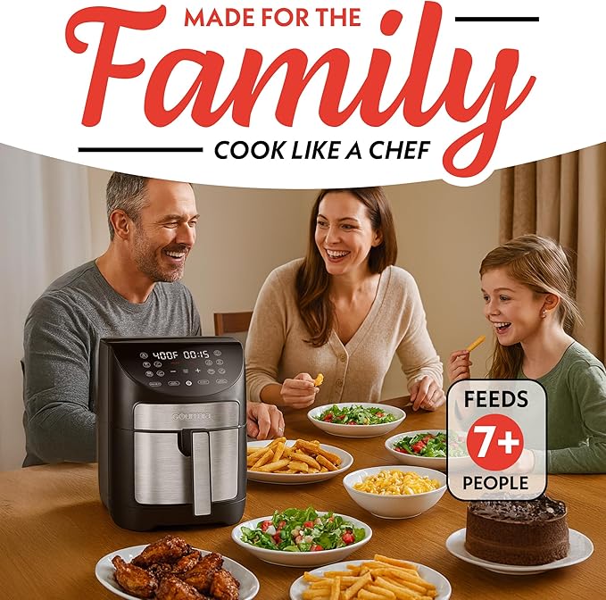 Gourmia Air Fryer - 7 Qt Large Capacity, FryForce360º, Digital Display with 12 Presets, Roast, Bake, Broil, Dehydrate, Dishwasher Safe Accessories, Black