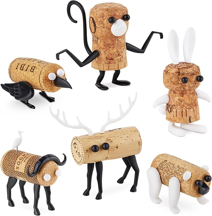 Corkers Animals Wine Accessories by Monkey Business, Collectible Novelty Gift, Pack of 6 Different Figurine Crafting Parts for Corks