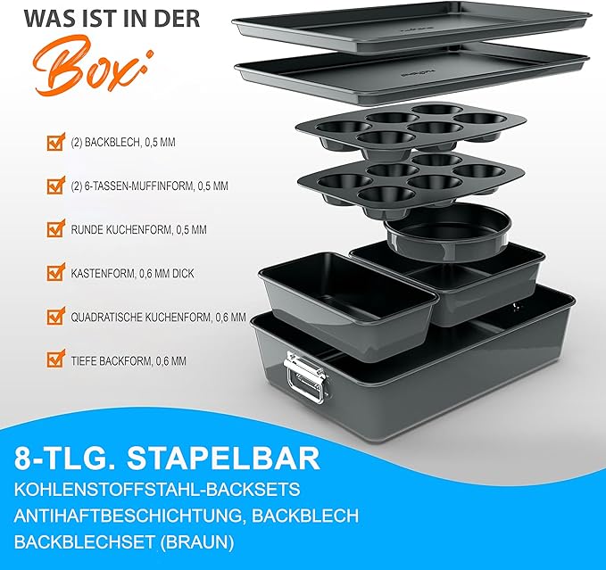 NutriChef 8-Piece Nonstick Stackable Bakeware Set - PFOA, PFOS, PTFE Free Baking Tray Set w/Non-Stick Coating, 450°F Oven Safe, Round Cake, Loaf, Muffin, Wide/Square Pans, Cookie Sheet (Gray)