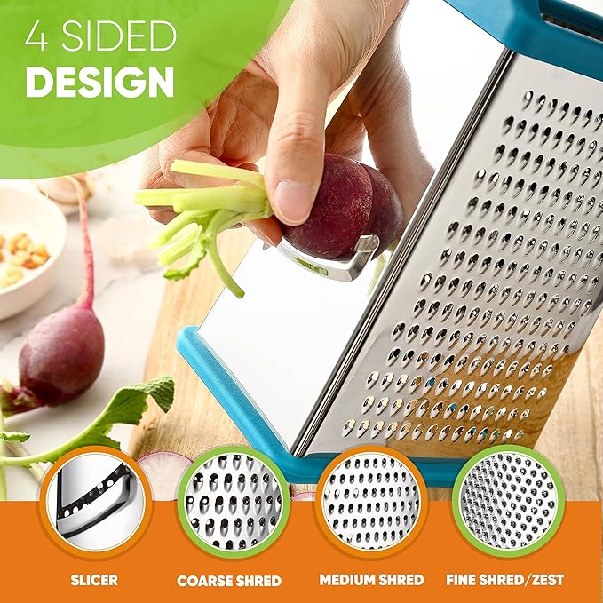 Spring Chef Handheld Stainless Steel XL Parmesan Cheese Grater with Handle - 4 Sided Metal Box Grater for Kitchen - Dishwasher Safe Potato Shredder for Hash Browns, Potato, Carrot, Vegetables - Teal