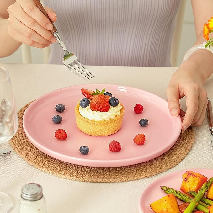 Stoneware Salad Plates Set of 4, 8 Inch Plates for Dessert, Ceramic Plates Sets, Microwave Safe, Dishwasher Safe, Versatile for All Seasons, Pink