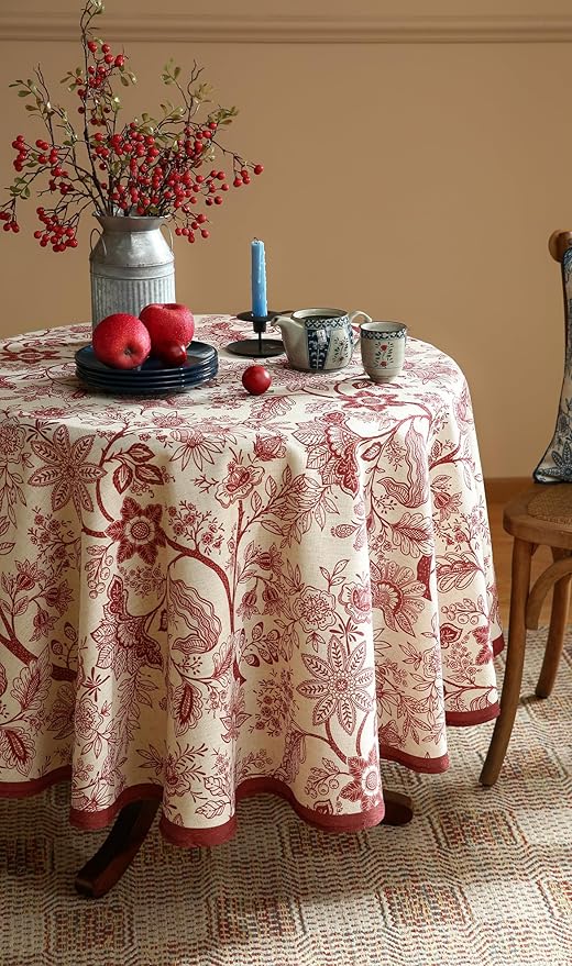 French Tablecloth for Round Tables,Linen Table Cloth with Red Flowers Pattern,Heavy Durable Table Cover for Dining Thanksgiving Kitchen Decor Party Christmas,Diameter 67"