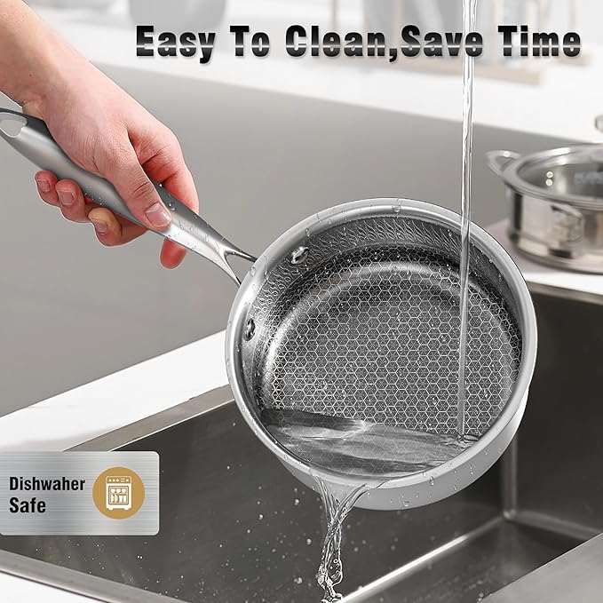 AuFranc™ Hybrid Nonstick 2 Quart Stainless Steel Saucepan with Glass Lid, Induction Sauce Pan with Honeycomb Carving, Non-stick Sauce Pot Compatible with All Cooktops, Dishwasher Safe, Non-Toxic