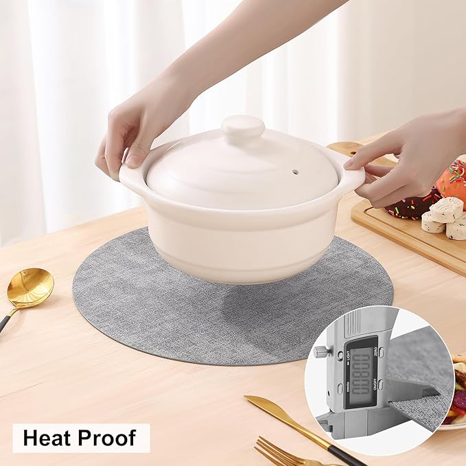 homing Round Faux Leather Placemat and Coaster 6 Packs, Washable Heat Resistant Dining Place Mats, Wipeable Double-Sided Table Mats for Indoor and Outdoor, Diameter 13 and 3.93 inch, Light Grey