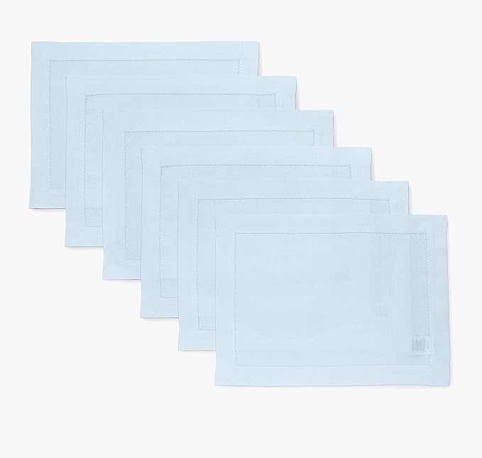Solino Home Linen Cloth Placemats Set of 6-100% Pure Linen Hemstitch Light Blue Placemats 14 x 19 Inch - Classic Hemstitch Table Place Mats for Christmas, Winter