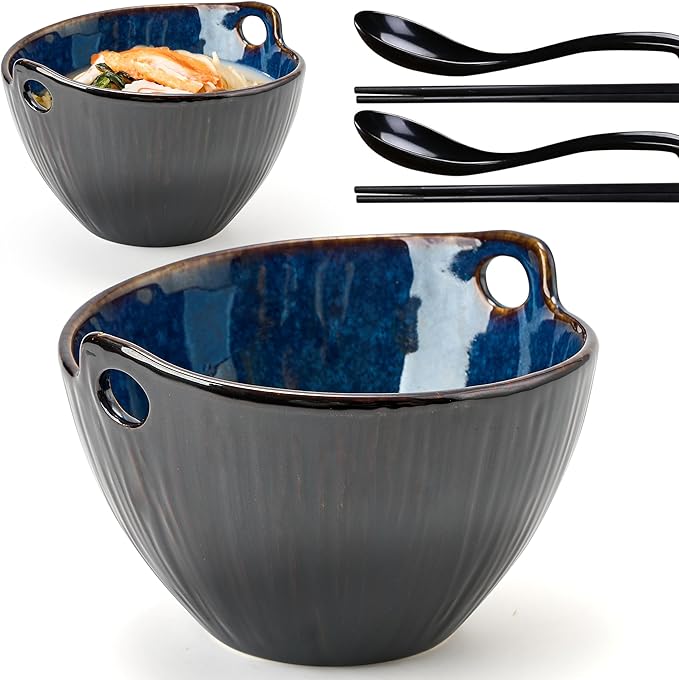 Ramen Bowl with Chopsticks and Spoons Set, 7 Inch Ceramic Noodle Bowl Set of 2, Dishwasher Safe for Pho Udon Soba Noodle Salad Pasta, Special Reactive Glazed Dark Blue Bowls Set