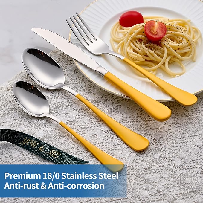 20-Piece yellow Silverware Set, 18/0 Stainless Steel yellow Handle Flatware Set, Service for 4, Modern Cutlery Set Includes Dinner Knives Forks Spoons, Mirror Polished, Dishwasher Safe
