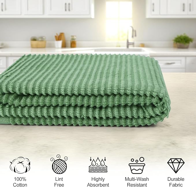 Homaxy Premium Kitchen Towels (18"x 28", 8 Pack), Large 100% Cotton Kitchen Hand Towels, Ultra Absorbent Ribbed Terry Tea Towels Set with Hanging Loop, Grass Green