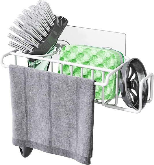HapiRm Sponge Holder for Kitchen Sink, No Drill Kitchen Sink Caddy Organizer, Rustproof and Waterproof Dish Sponge Holder - White(8.65 * 3.54 * 2.36 in)
